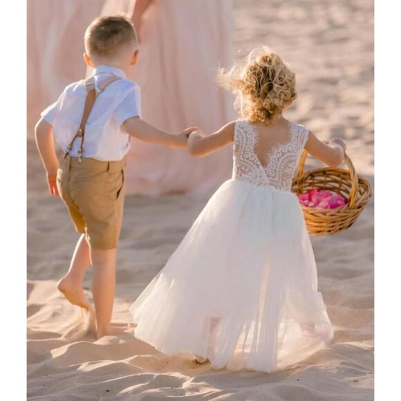 🆕Toddler Girls White Lace Cotton Tulle V Back Sleeveless Maxi Flower Girl Dress - Picture 4 of 8